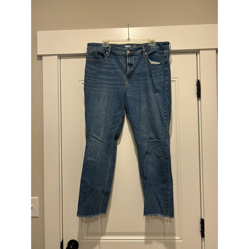 Old Navy Jeans Women’s Size 16 medium Blue Power Slim Straight Raw Hem Slimming